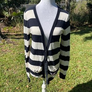 Hollister navy blue cream striped v-neck knit cardigan with logo pocket Size L.